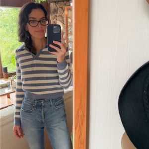 Stripe knit henley style sweater top, blue and white, XS